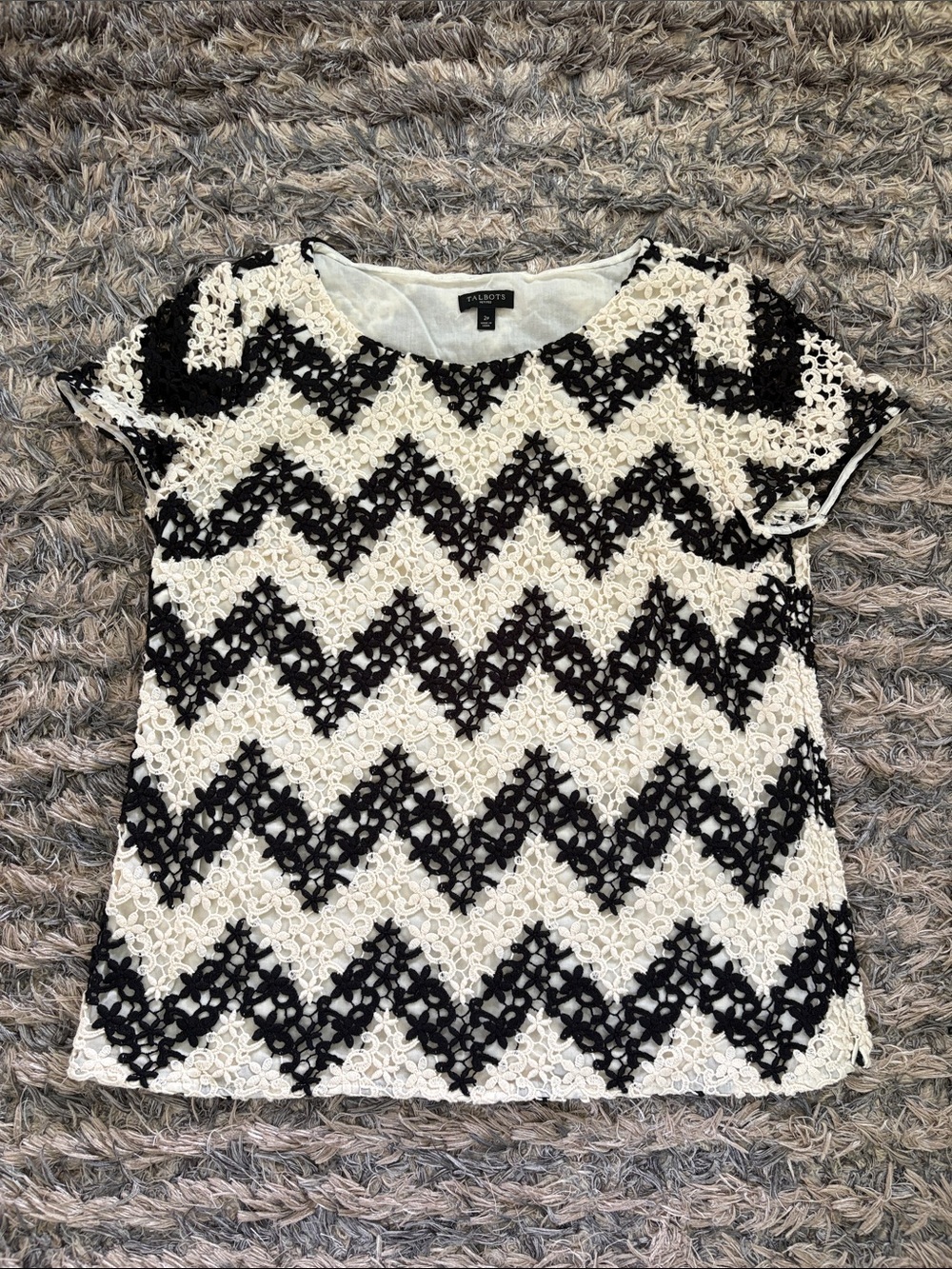 New! Talbots Black and White Chevron Lace Short-Sleeve Cotton Blend Top 2P